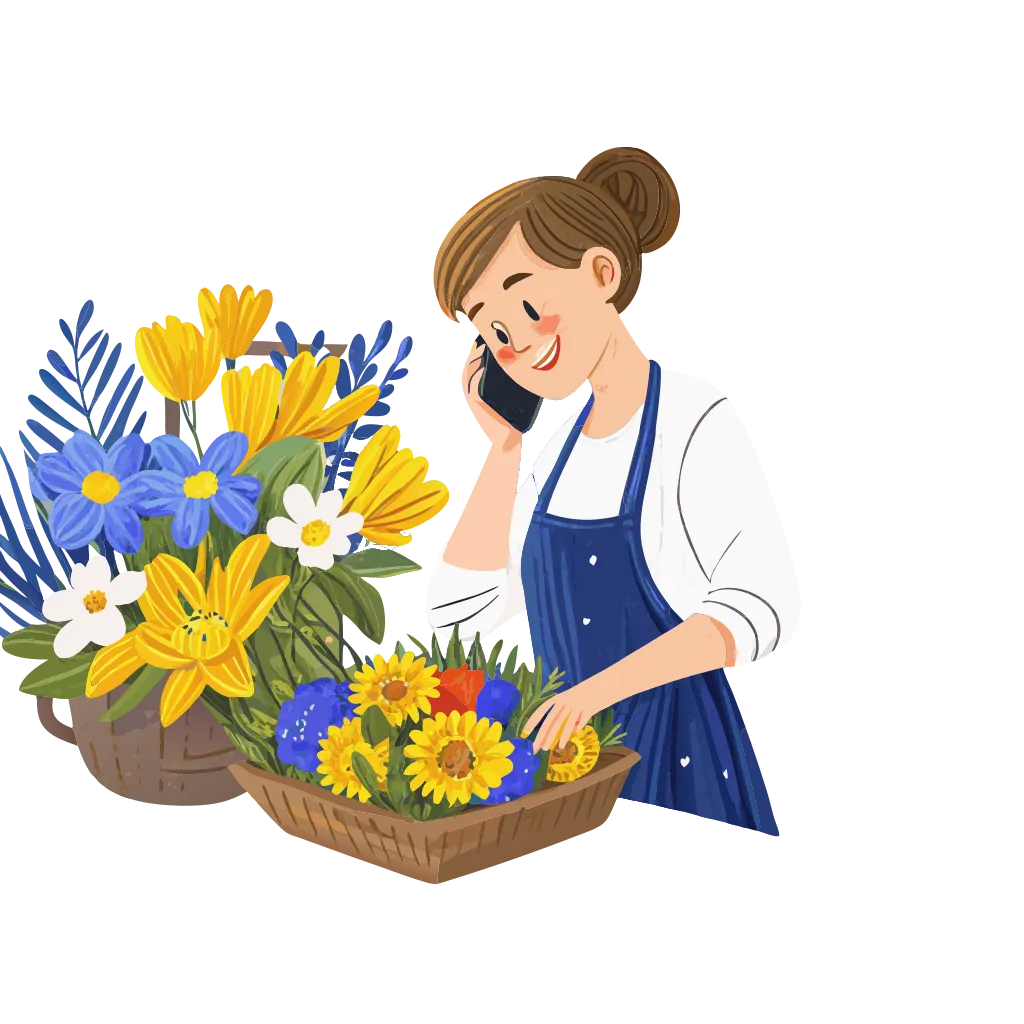 A woman on a call arranging flowers in her shop