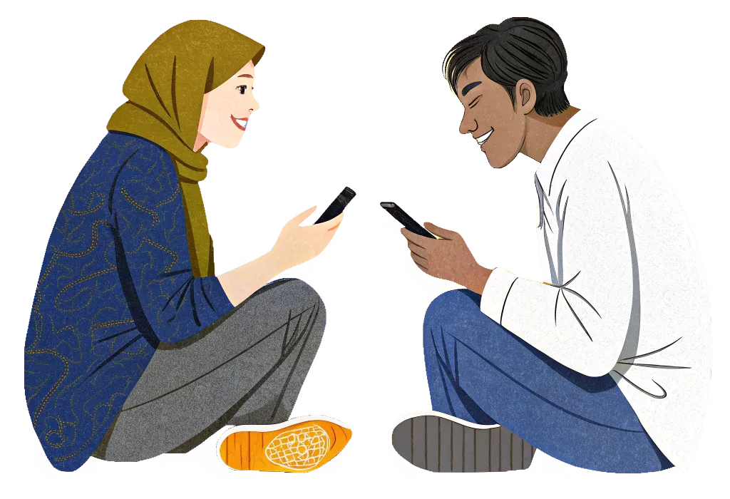 Two people sitting on phones